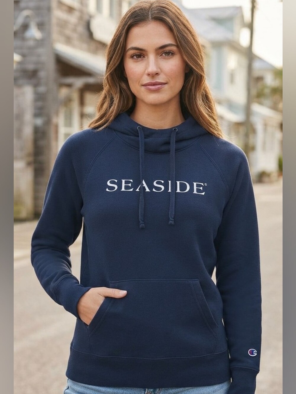 Champion Seaside Florida Navy Blue Pullover Hoodie Sweatshirt Unisex Small (S)